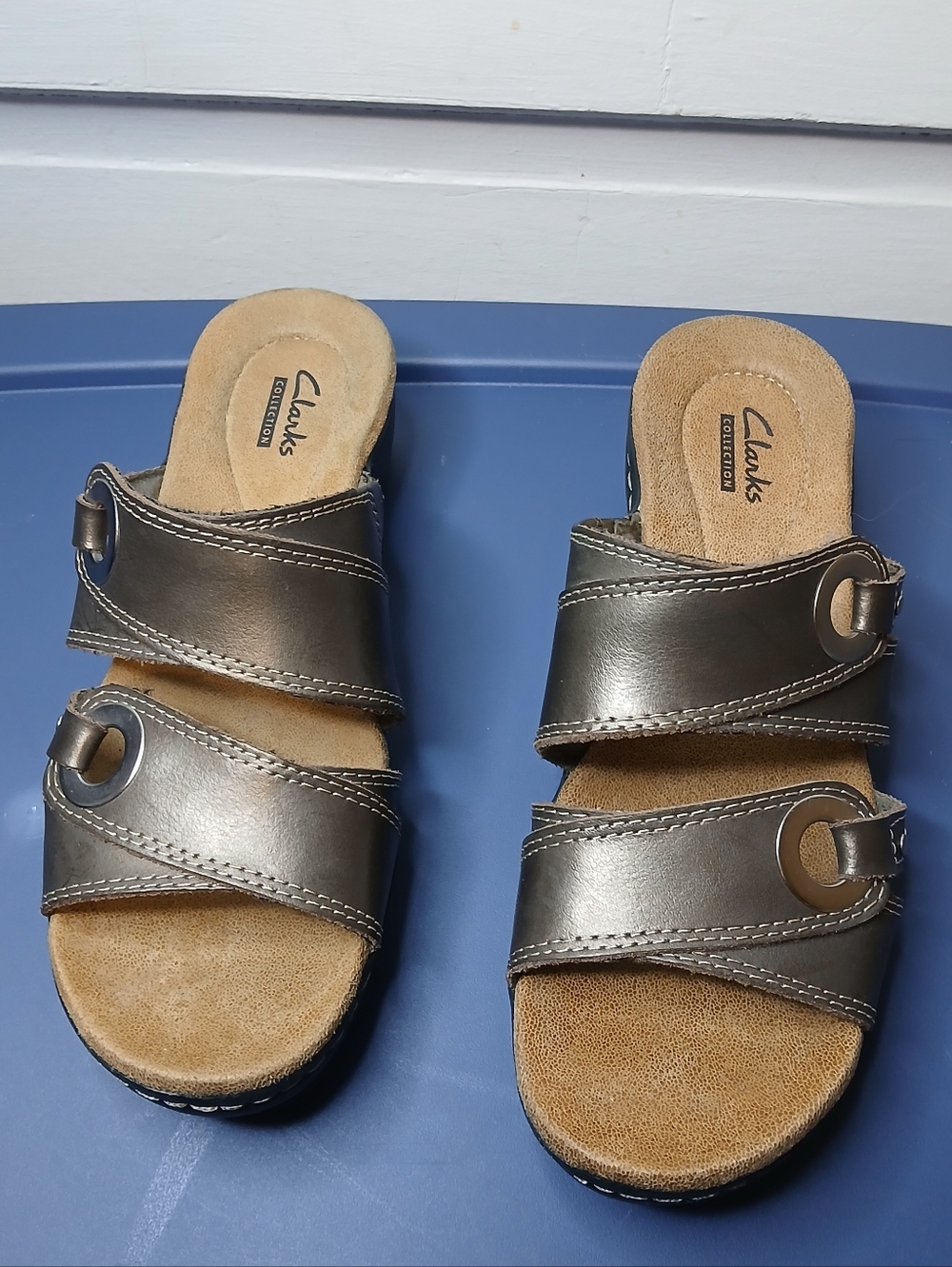 Clarks Collection Womens 6M Brown Leather Slide Sandals Comfort Stretch